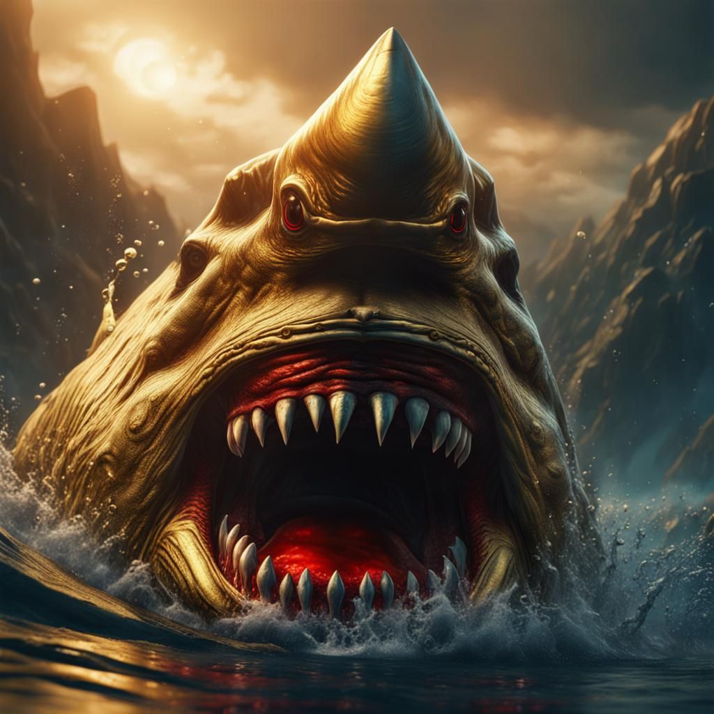 Golden Megalodon with Red Eyes, Detailed Matte Painting