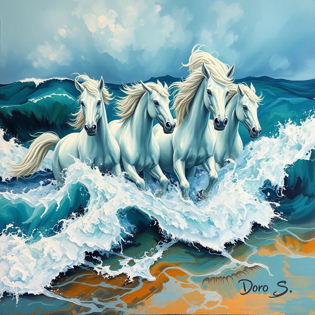Turbulent Turquoise Ocean with Four Majestic White Horses in...