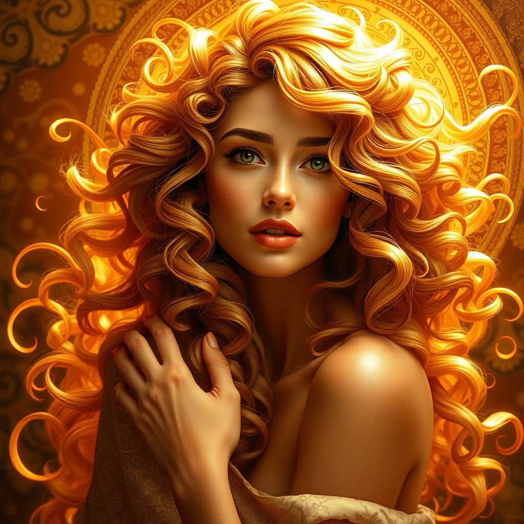 Golden Goddess in Caramel Hues, a Hyper-Detailed Art Nouveau...