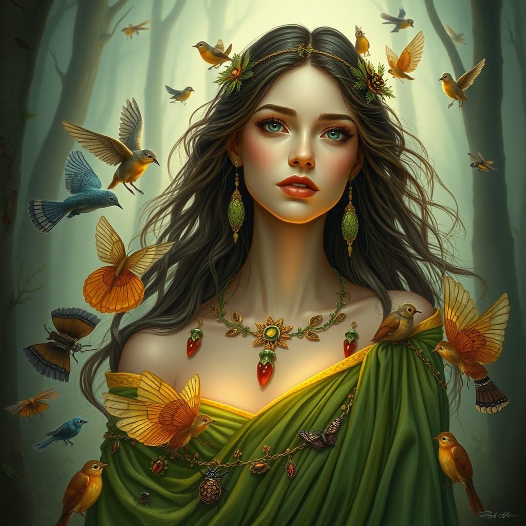 Radiant Forest Woman in Whimsical Style