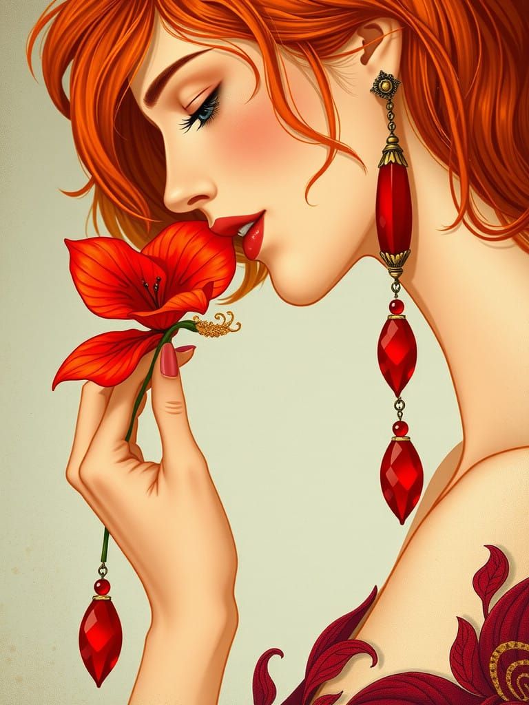 Woman in Whimsical Adoration of Red Flower