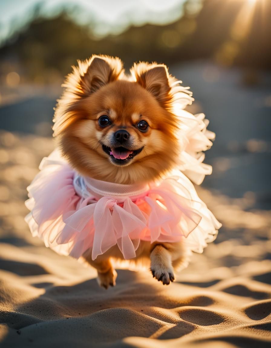 Pomeranian Ballerina Leaps on Beach: Professional Photograph...
