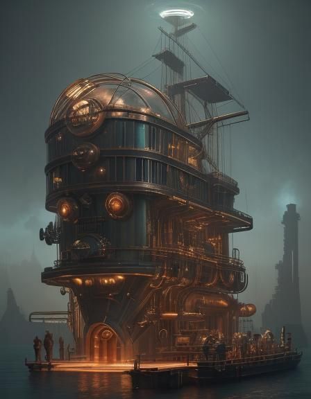 Steampunk Engineers Inspecting Glowing Contraptions