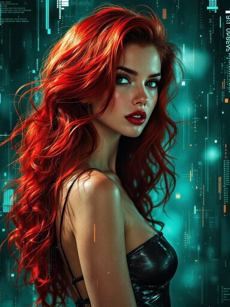 Pin-Up with Glitch Art Overlays in Impressionist Style