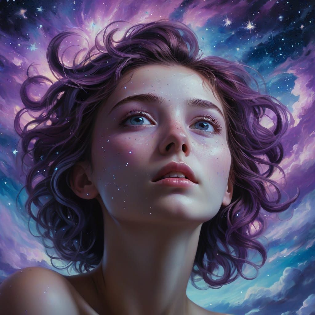 Surreal Oil Painting of Person Gazing at Starry Sky