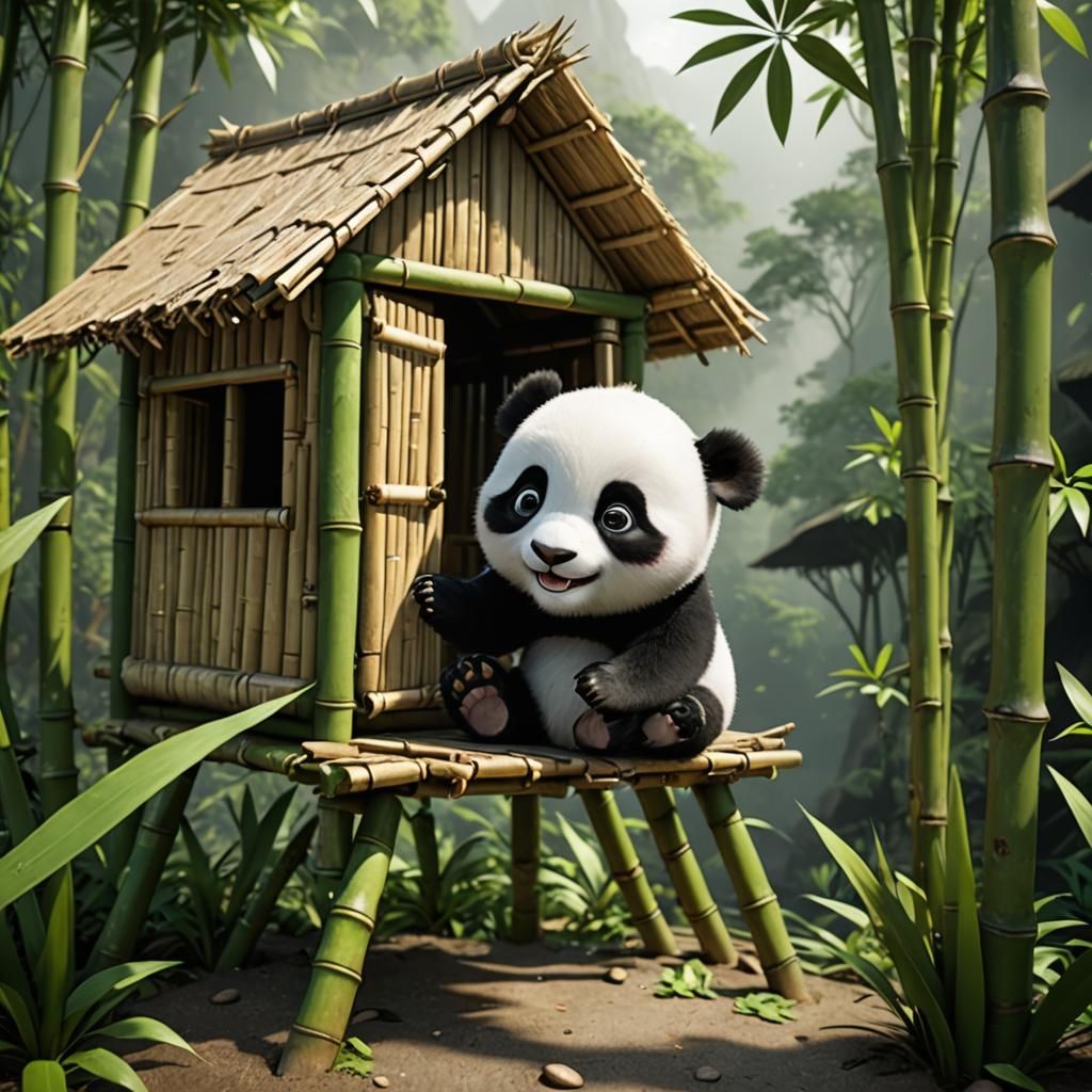 Cartoon Baby Panda Tumbles From Bamboo Hut