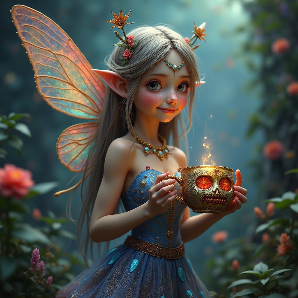 Ethereal Fairy Sips Sugar Skull Coffee in Mystical Realm