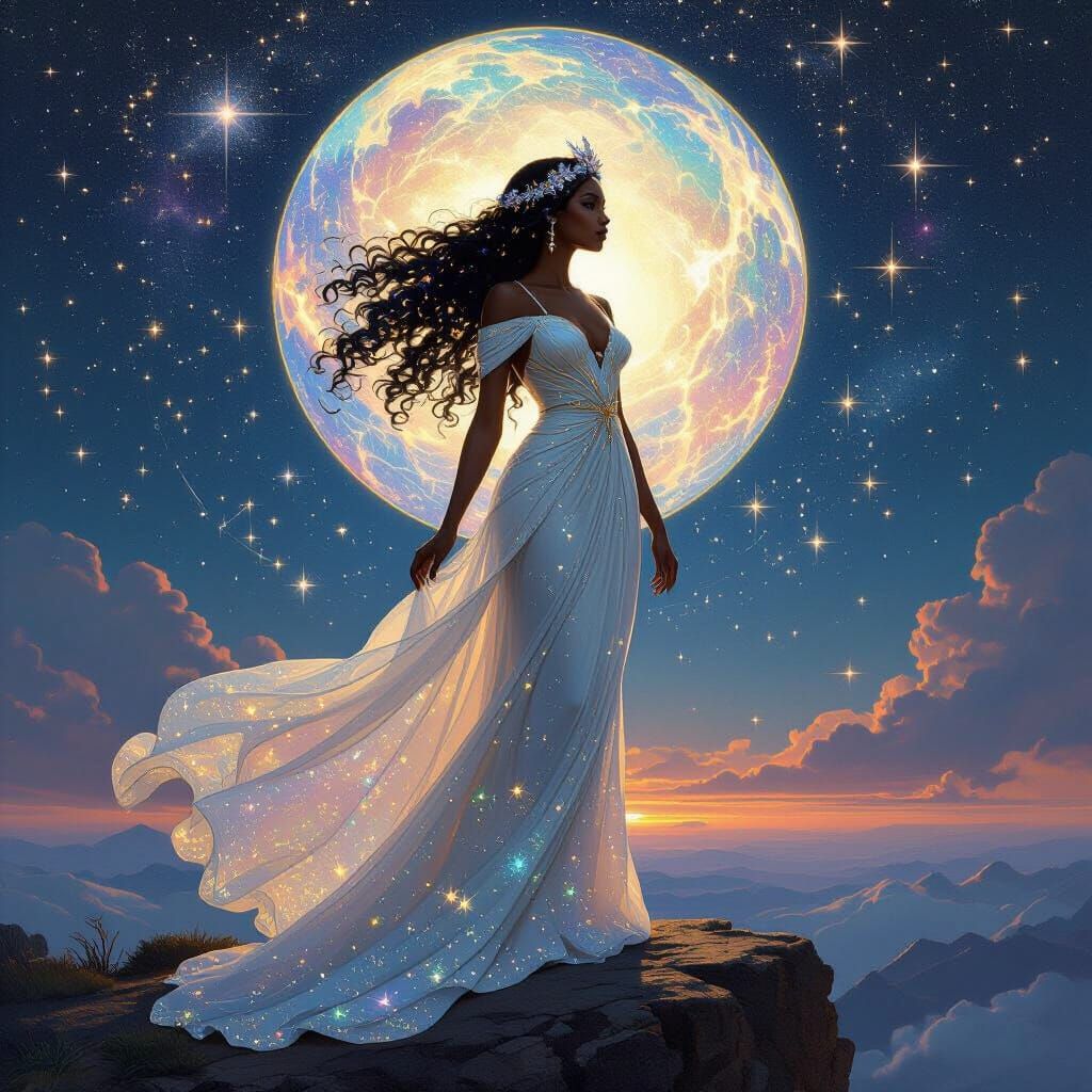 Celestial Goddess Overlooking Galaxy in Art Nouveau Style