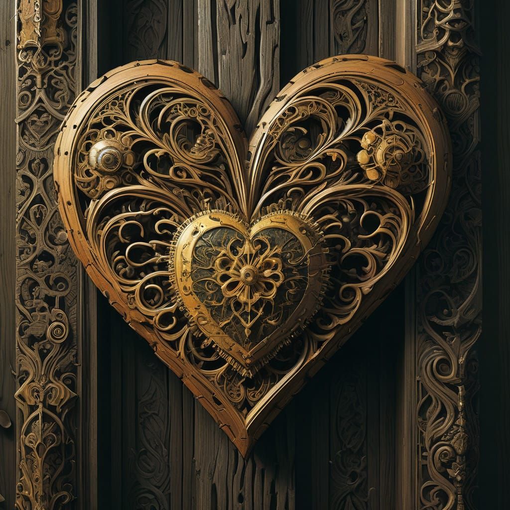 Ethereal Wooden Love Heart in Baroque and Biomechanical Styl...