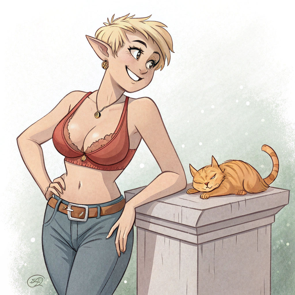 Pixie Woman with Sleeping Cat on Plinth