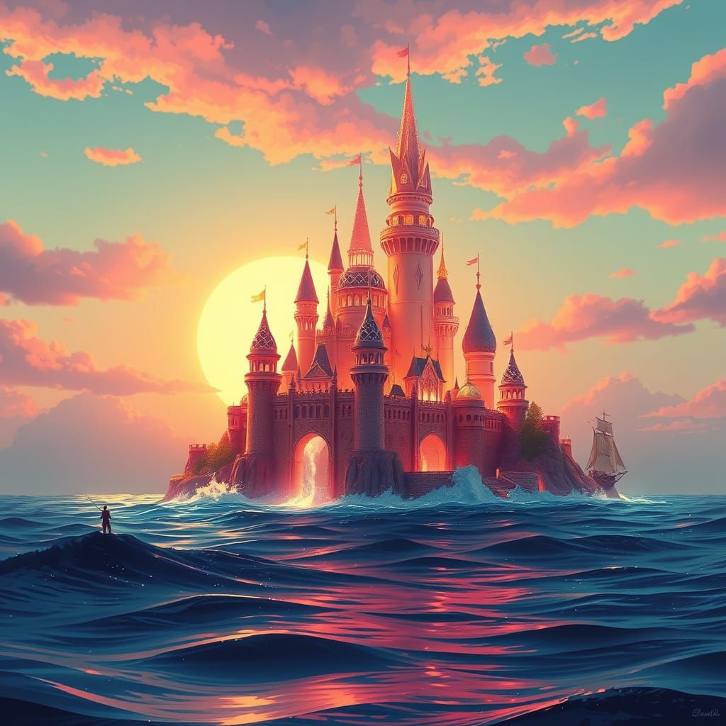 Crystal Castle Floating Over Ocean Sunset in Anime Style