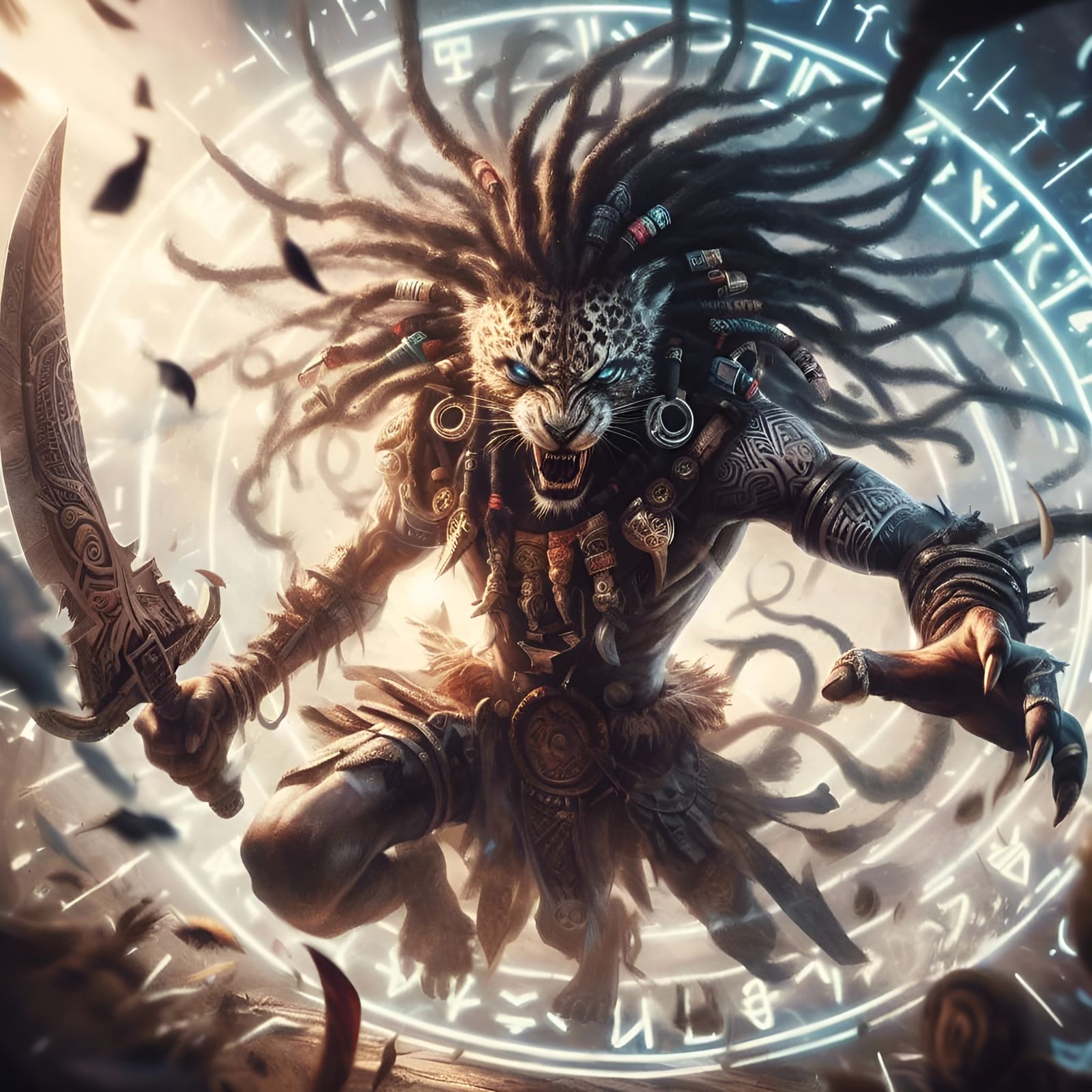 Fierce Human Jaguar Warrior in Aztec Battle