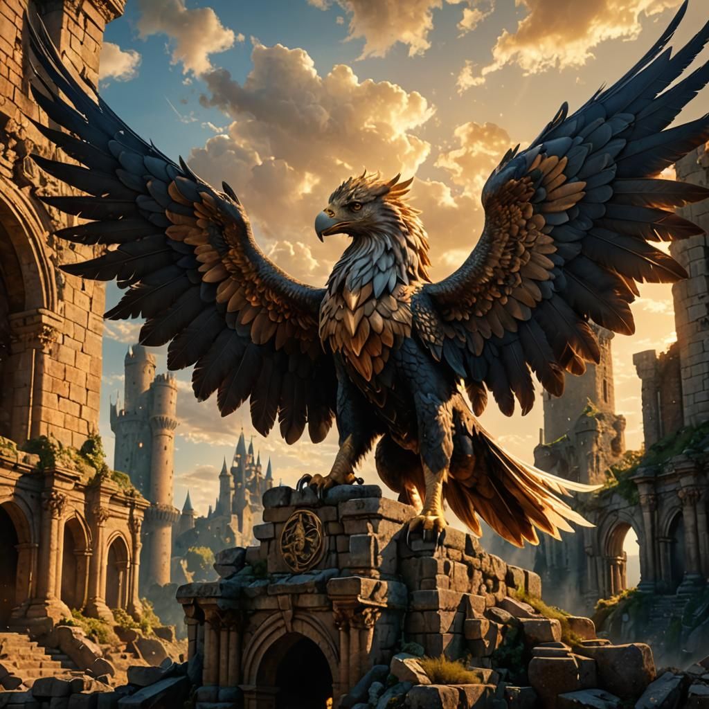 Cinematic Griffin on Ancient Castle Ruins in Fantasy Art Sty...