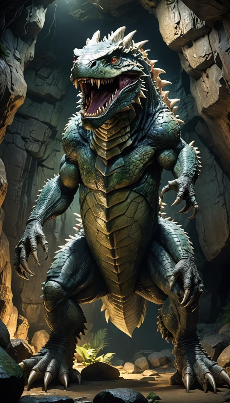 Giant Reptile Monster in Dark Cave: 3D Anime Art