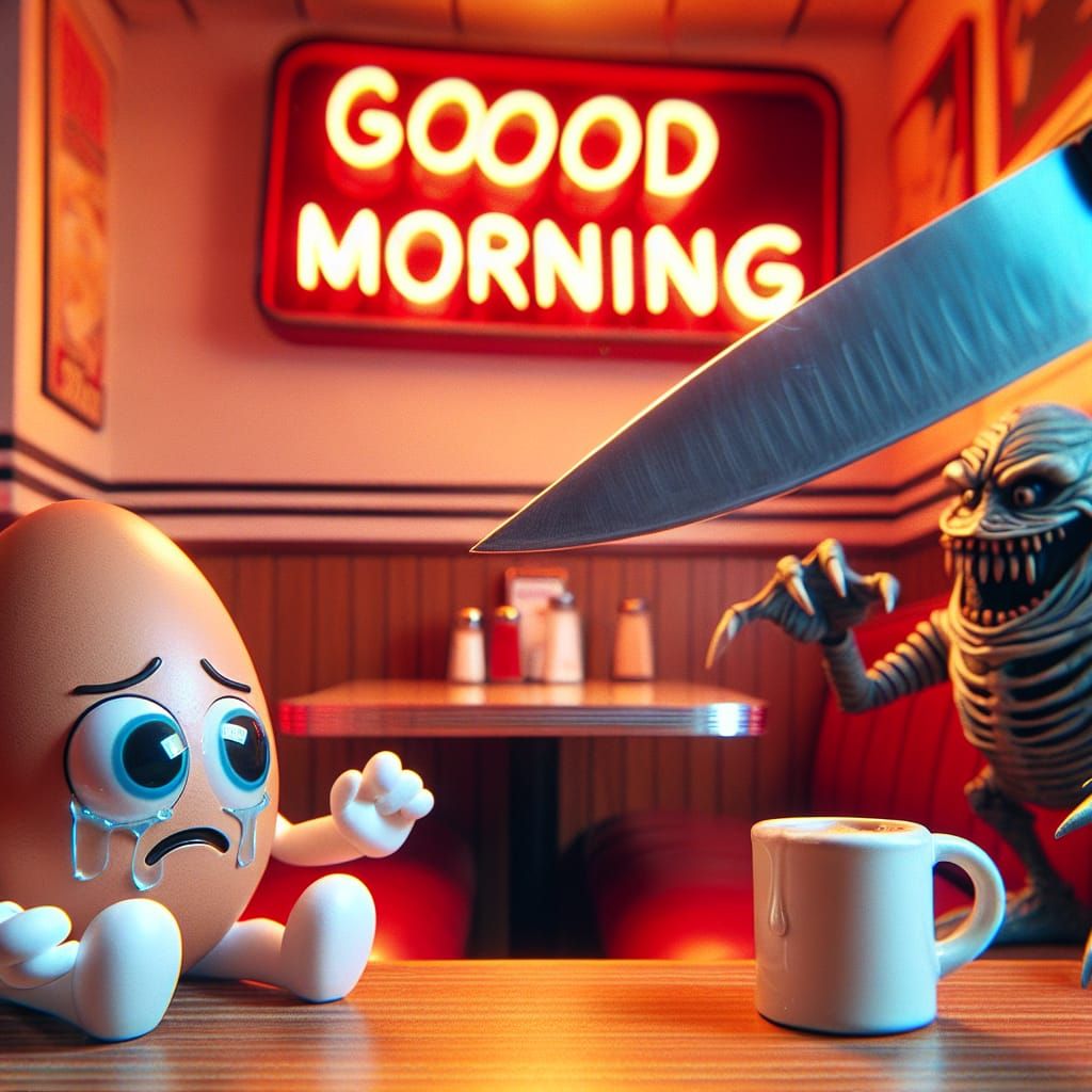 Fifties Diner Scene with Terrified Chibi Egg