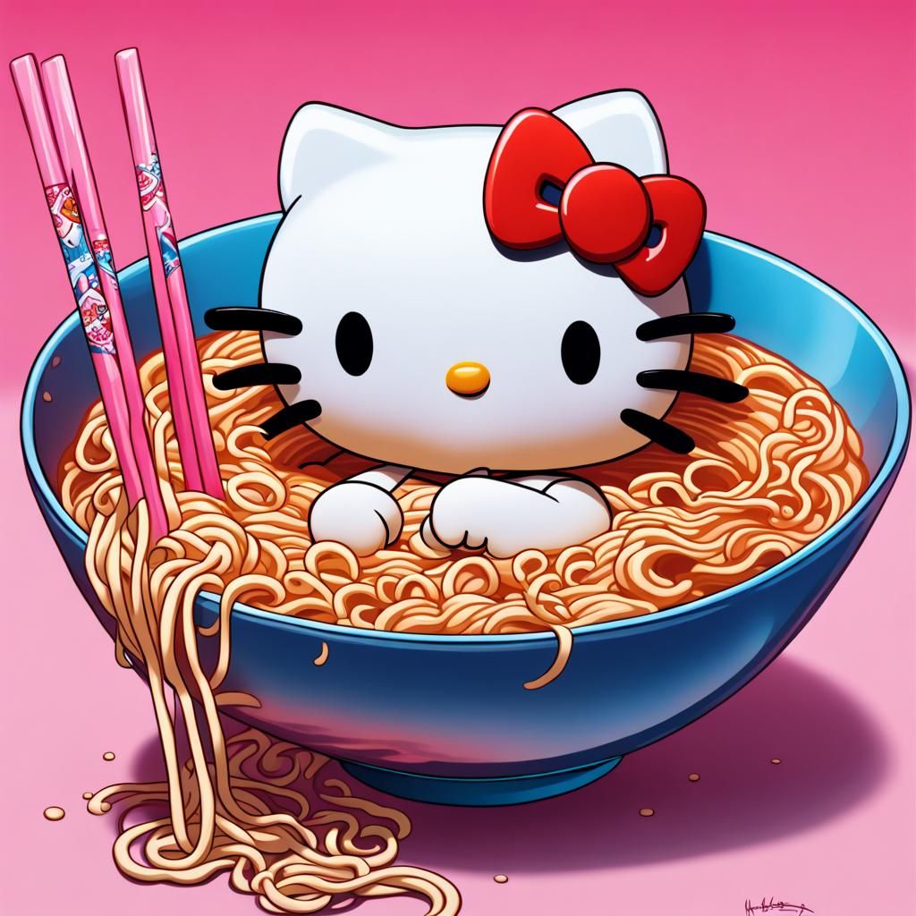 Hyperrealistic Hello Kitty Eating Ramen Noodles
