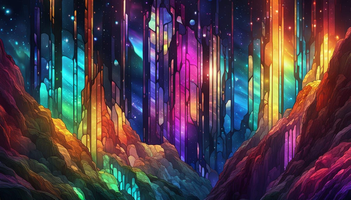 Rainbow Waterfall in Space as Stained Glass Art