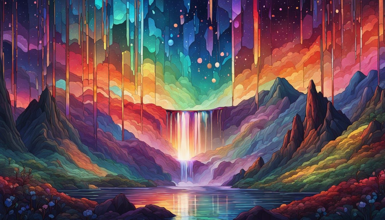 Rainbow Waterfall in Space: Stained Glass Art