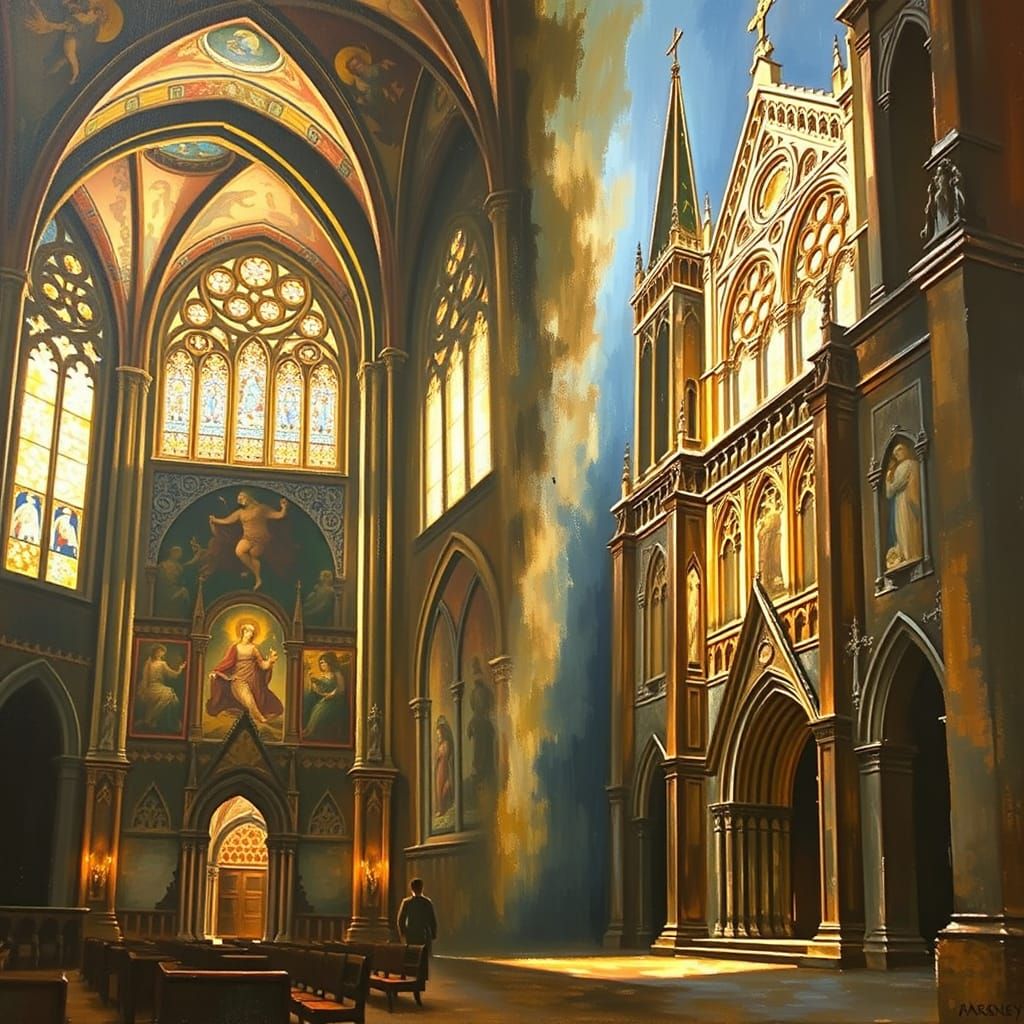 Gothic Cathedral Interior and Exterior Oil Painting