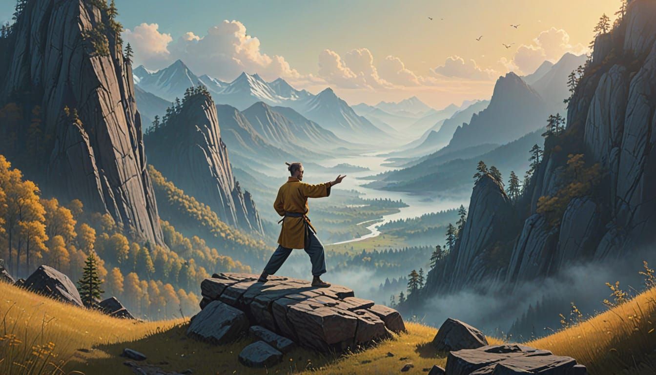 Tai Chi Master in Serene Misty Mountainscape