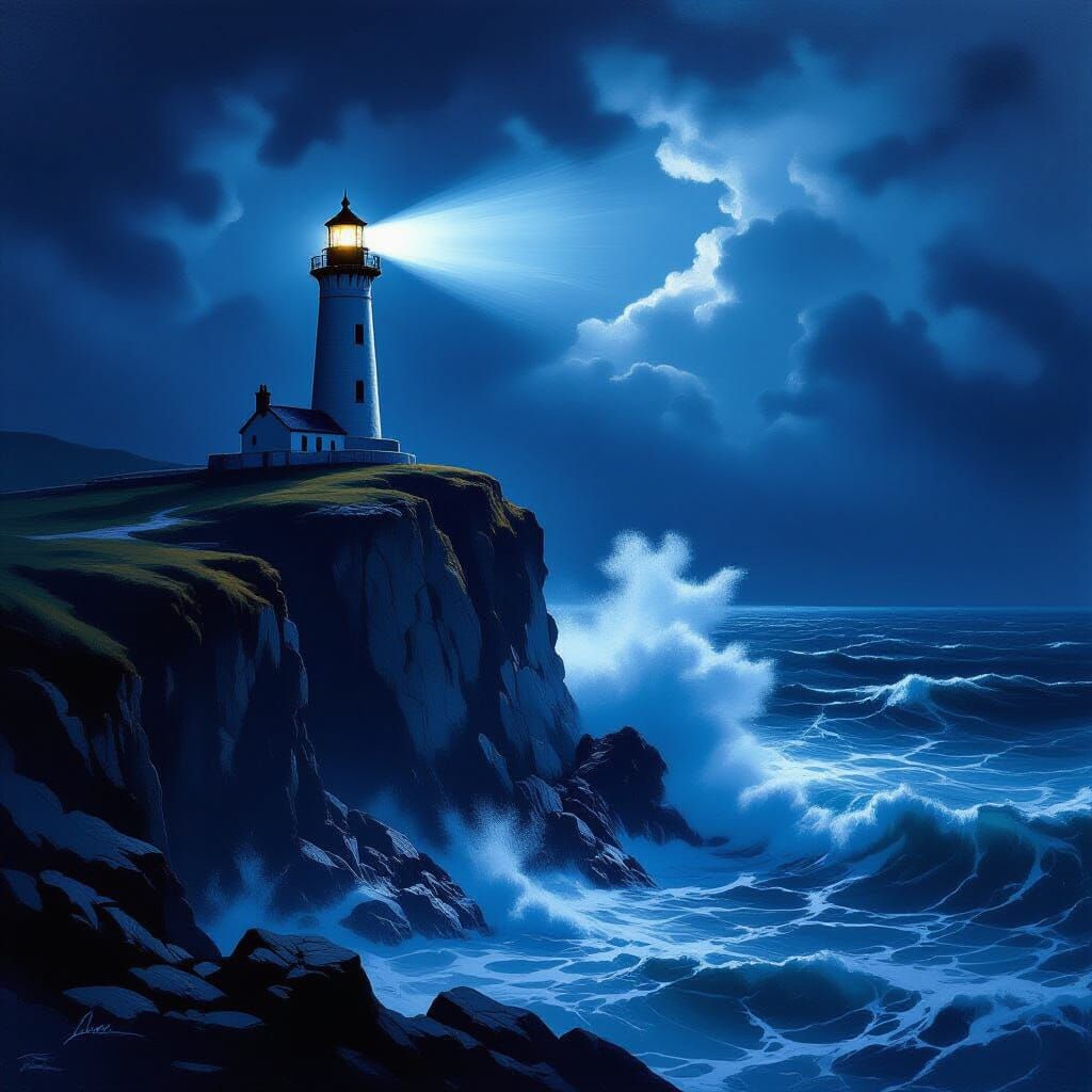 Lighthouse Beam Pierces Stormy Night Sky