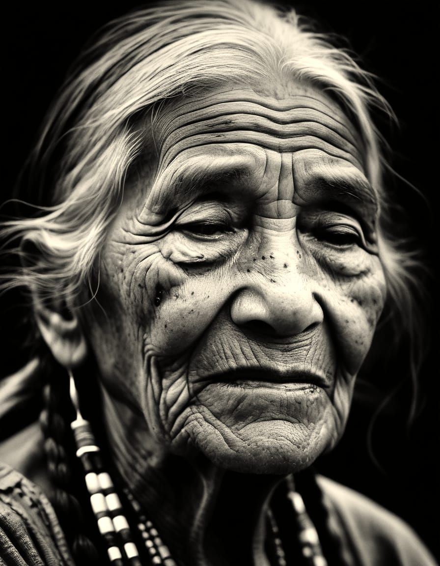 Emotional Portrait of Native American Woman in Black and Whi...