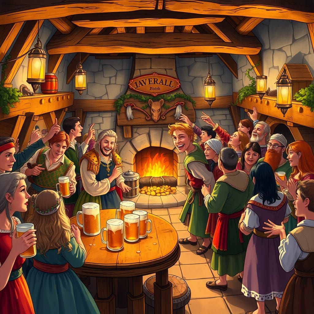 Joyous Medieval Tavern Celebration in Storybook Style