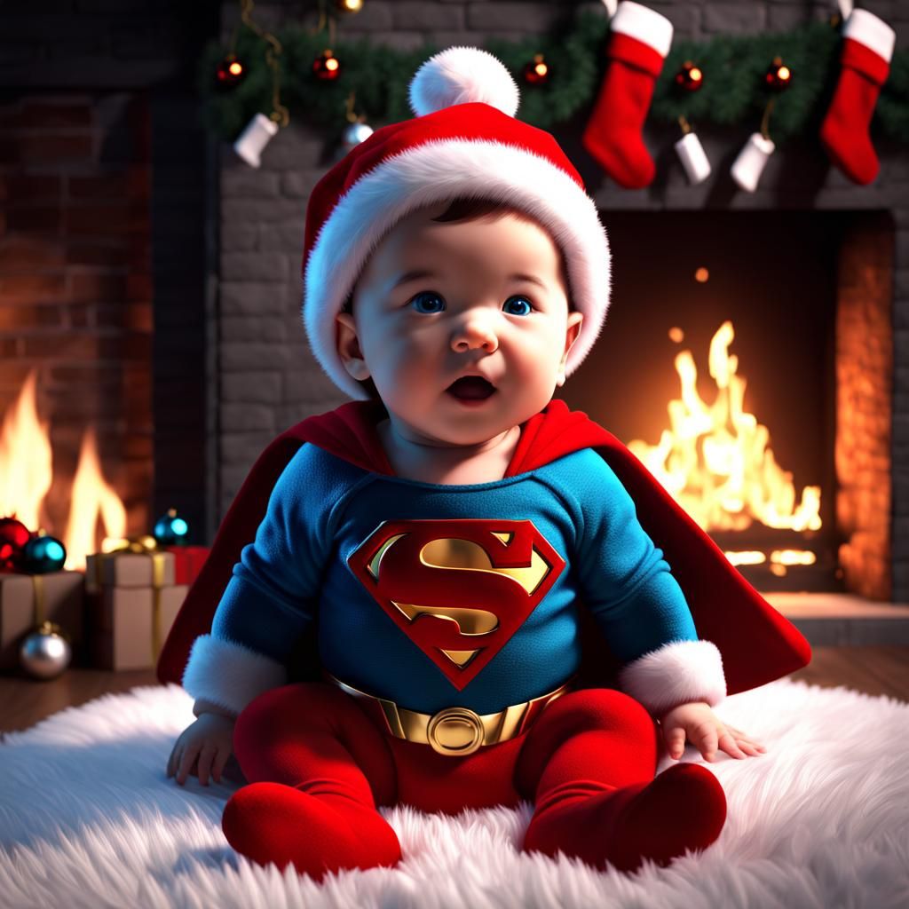 Adorable Fluffy Baby Superman in Christmas Clothing