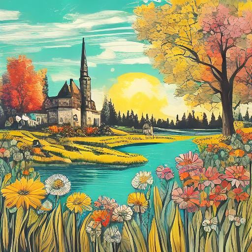 Colorful Retro Drawing of Village with Lake