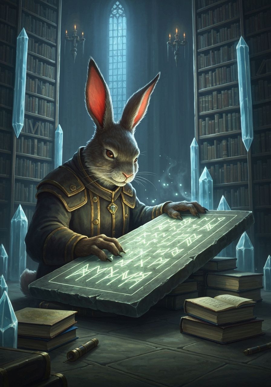 Rabbit Scholar Studies Glowing Runes in Crystal Library