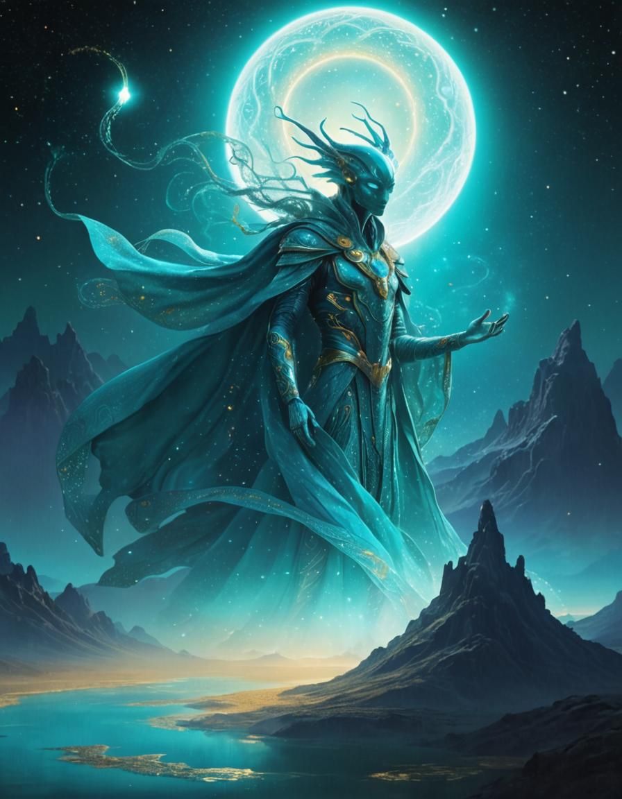 Elegant Alien in Turquoise Robes: Sci-Fi Concept Art