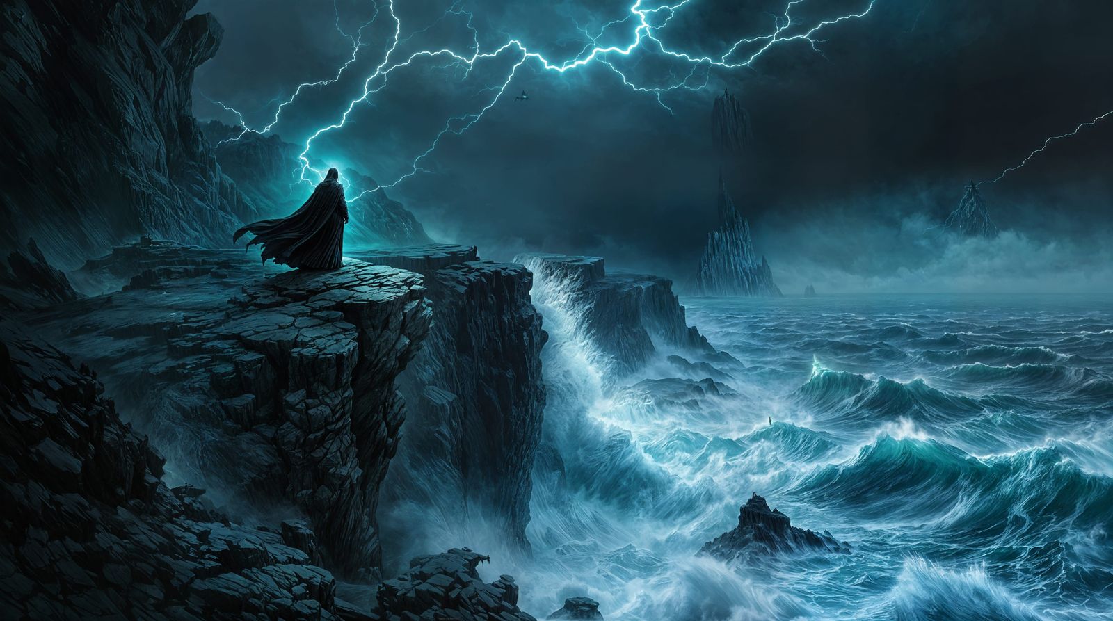 Gothic Wizard Conjures Storm on Windswept Cliff