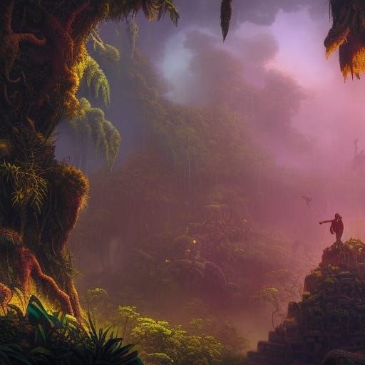 Explorer in Mayan Ruins: Jungle Chiaroscuro