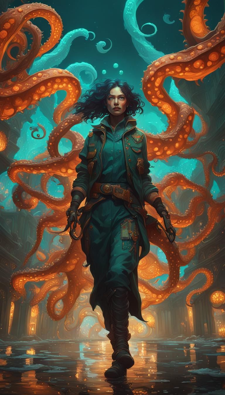 Dark Tentacle Figure Concept Art in Art Nouveau Style