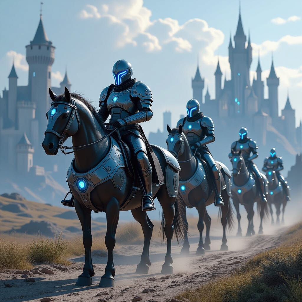 Futuristic Knights Ride Armored Horses in Dramatic Scene
