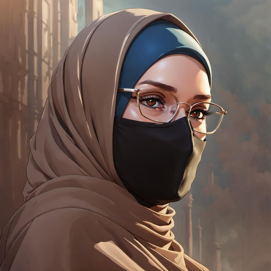 German Woman in Hijab and Mask: Hyperdetailed Portrait