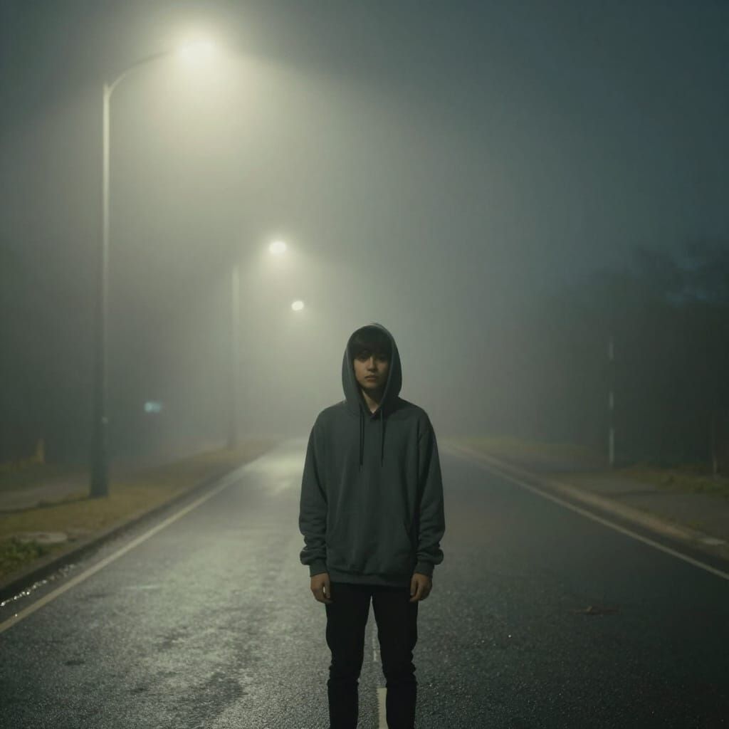 Teenager in Foggy Street with Ethereal Streetlights