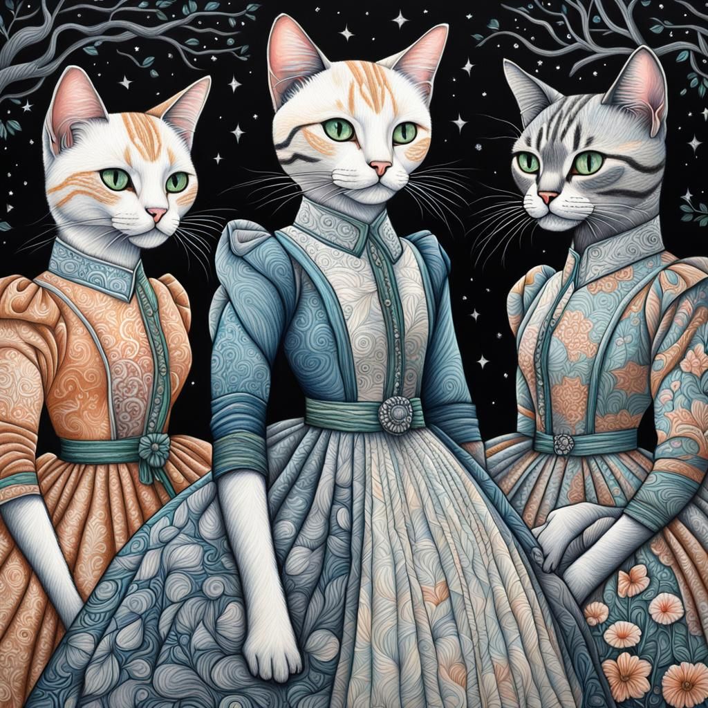 Cats in Dresses: Majestic Whimsical Oil Pastel Art
