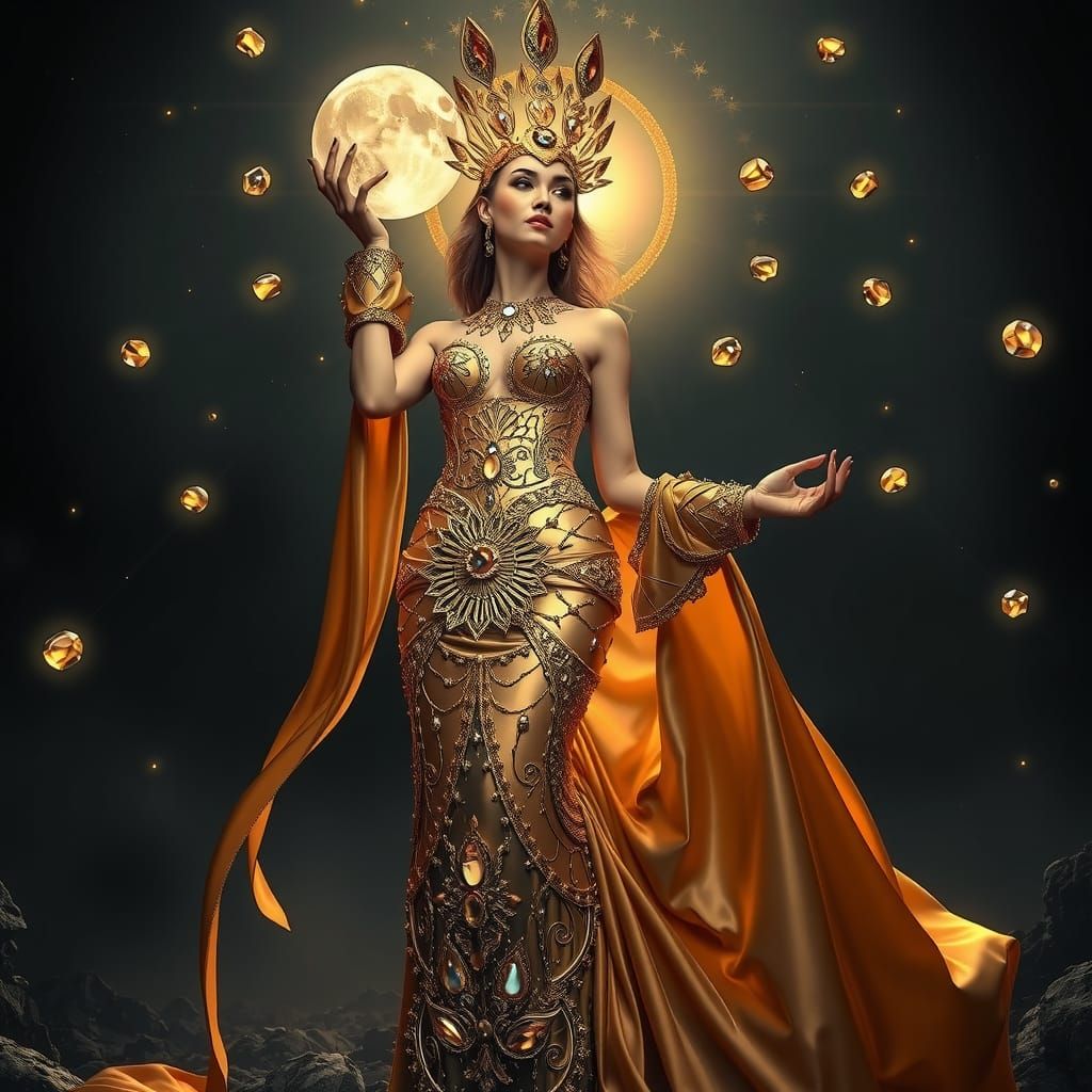 Elegant Woman with Moon in Sci-Fi Setting