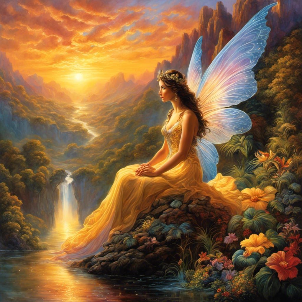 Majestic Fairy at Sunset in Expressionist Oil Painting