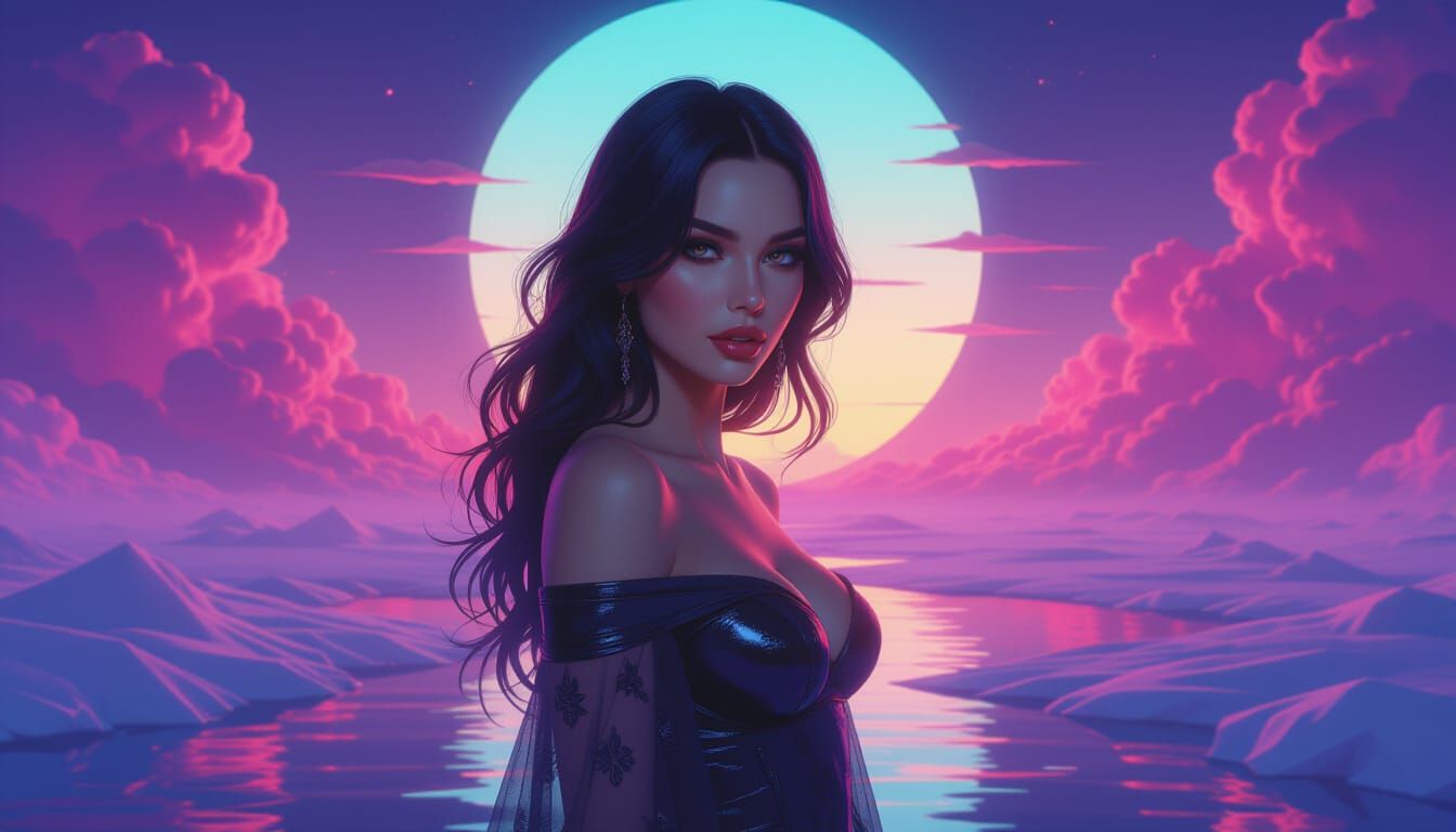 Eternal Beauty in Surreal Vaporwave Landscape