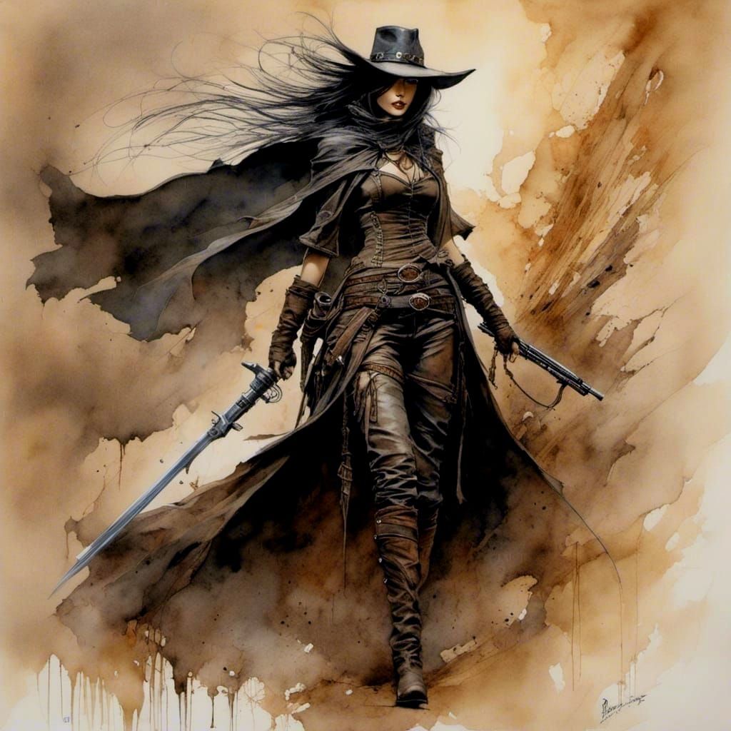 Dark Fantasy Female Gunslinger in Woodsplash Style