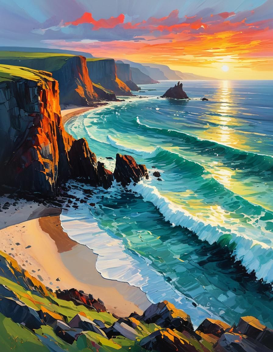 Dramatic Scottish Beach Sunrise as Impasto Painting