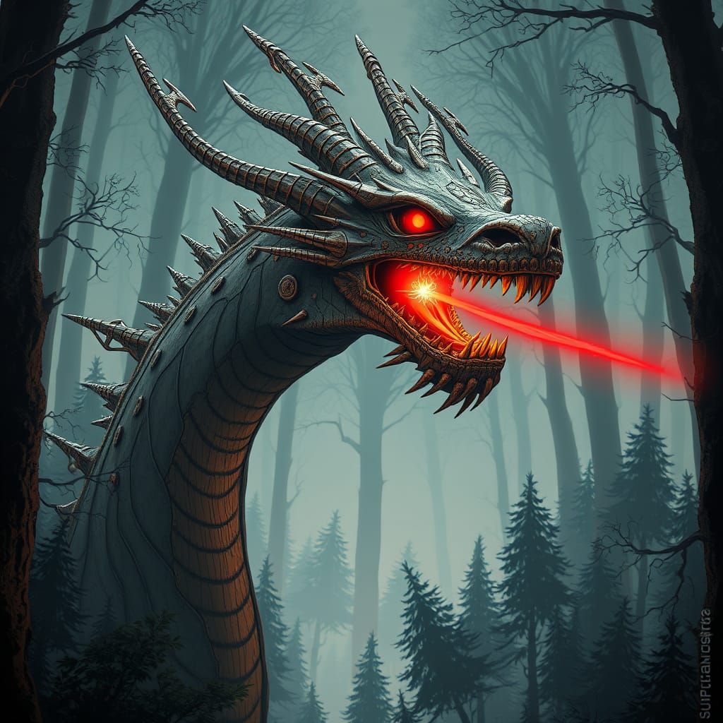 Surreal Gothic Fantasy Dragon in Detailed Woodcut Style