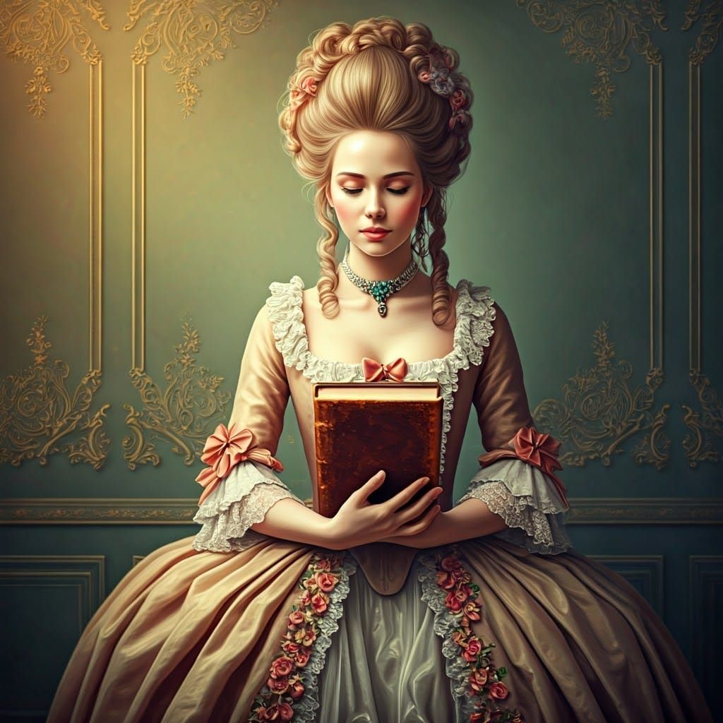 A rococo-style painting of a woman holding a magical book