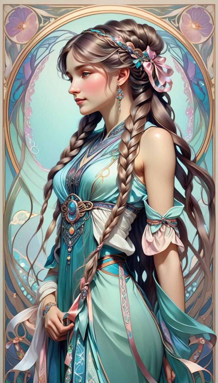 Art Nouveau Portrait of Braided Woman with Wings