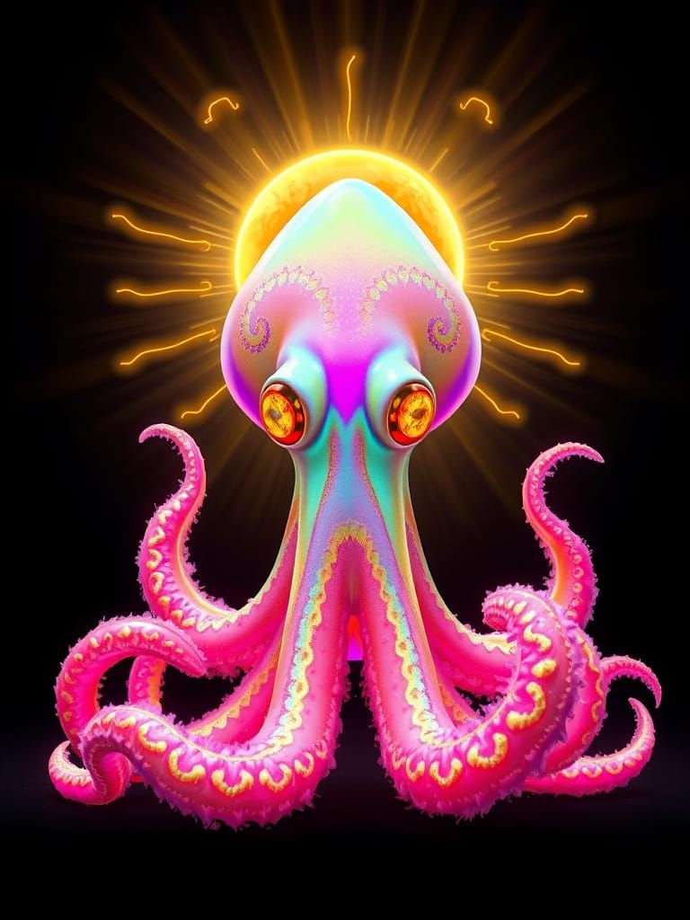 Vibrant Neon Squid with Fractal Patterns and Golden Orb