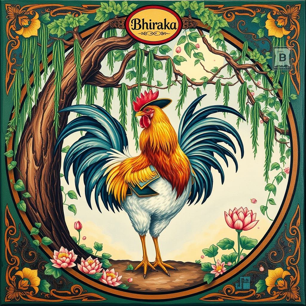 Colorful Hen Logo Under Willow Tree: Impasto Oil Painting