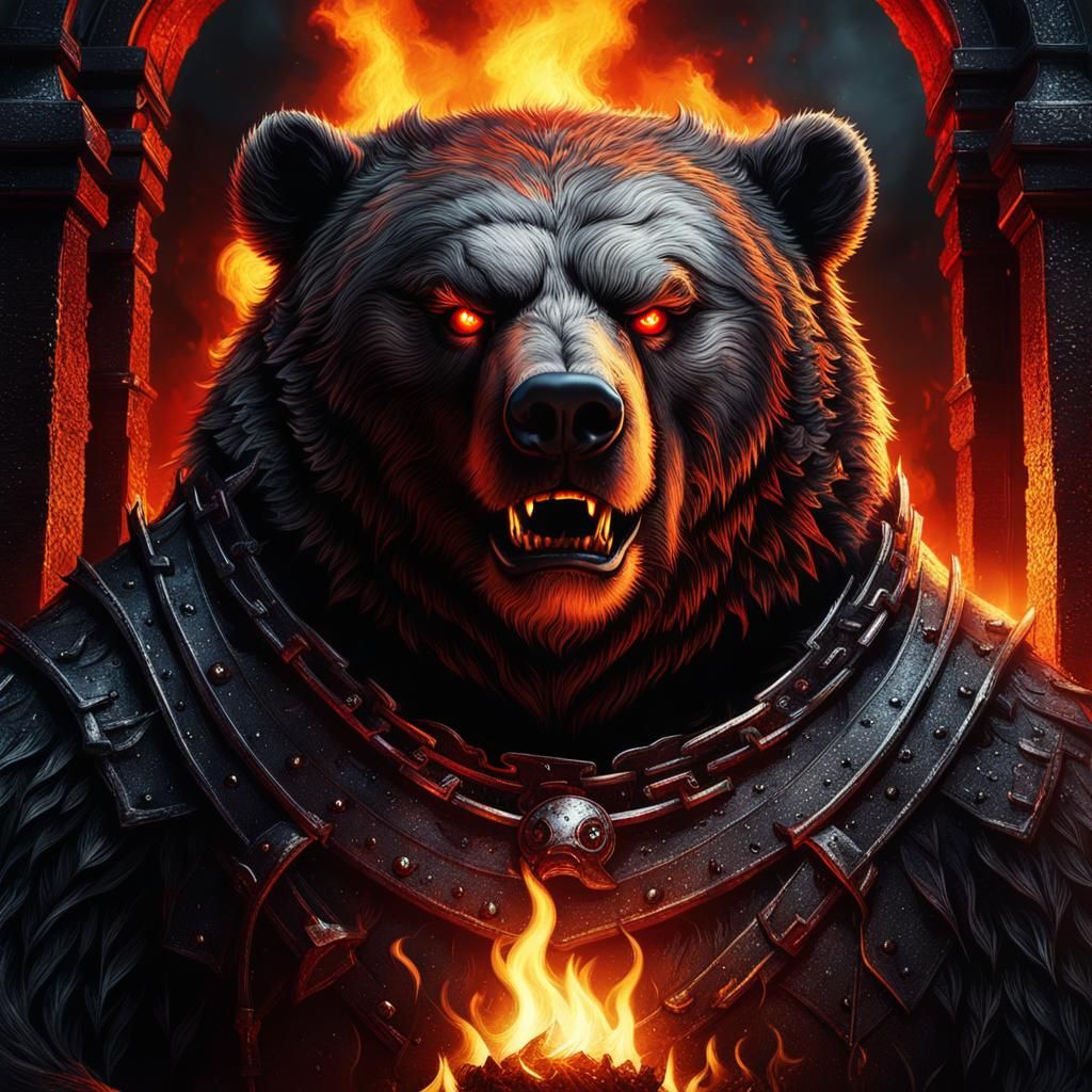 Obese Bear Guarding Hell's Gates in Dark Fantasy Style