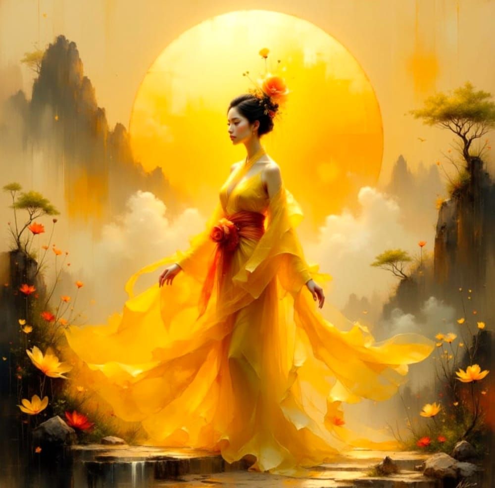 Golden Goddess of Japanese Mythology in Ethereal Fantasy Sty...